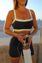Load image into Gallery viewer, Color Block Sports Bra in Navy Blue + Lime Green
